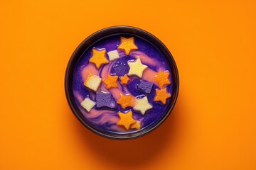 Purple Swirl Halloween Soup with Star Shaped Croutons in Black Bowl