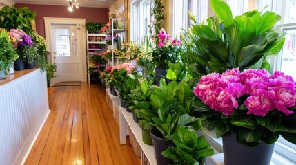 Fototapeta premium Bright floral display in a cozy flower shop, showcasing vibrant plants and flowers along a wooden floor
