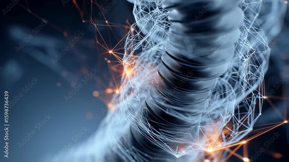 Poster complex structure resembling dna or a spinal cord. surrounded by glowing nodes and interconnected li