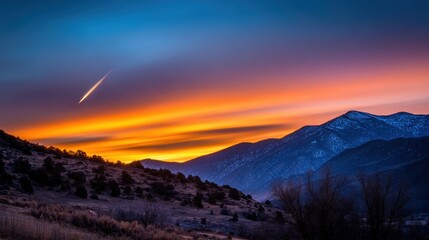 Obraz premium Vibrant sunset over mountain range with meteor streaking across the sky, serene landscape