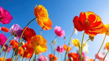 Obraz premium Vibrant field of blooming ranunculus flowers under a clear blue sky with sunlight