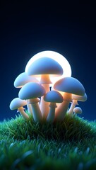 Glowing Mushrooms Illuminated by Full Moon in Grassy Field