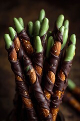 Witch Finger Pretzel Rods Dipped in Green Chocolate and Almonds