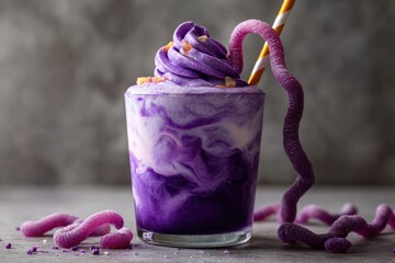 Witch’s Brew Smoothie with Purple Swirls and Sour Gummy Worms