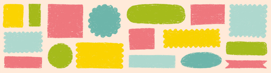 Doodle brush crayon shape color frame set. Hand drawn crayon pencil box, pastel rough chalk texture square border. Cute cartoon paint frame circle, square background design. Vector illustration