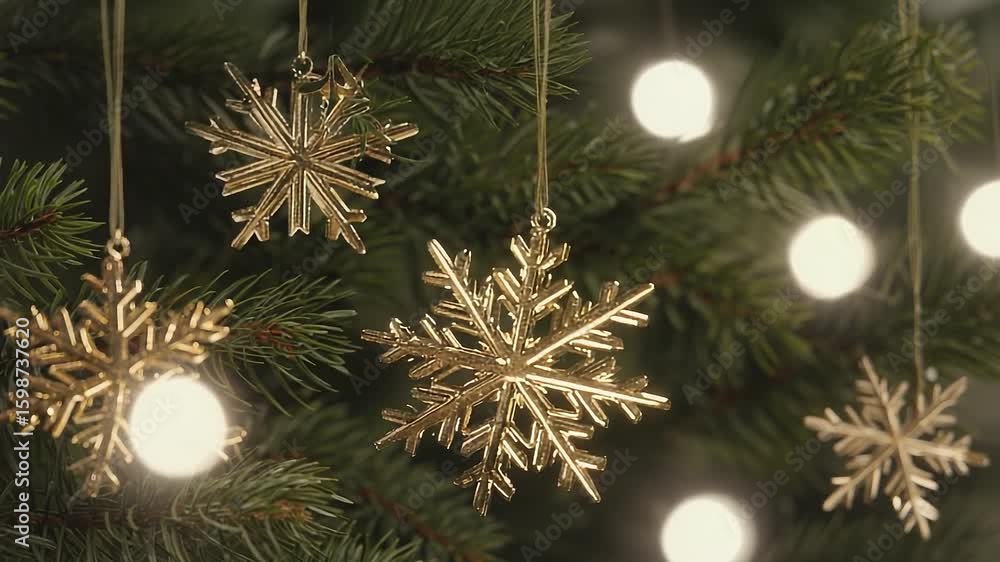 Poster tree with four golden snowflakes hanging from it. the snowflakes are intricately designed and appear