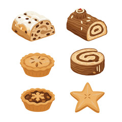 Illustration of stollen cake, yule log, pies, roll cake and star cookie
