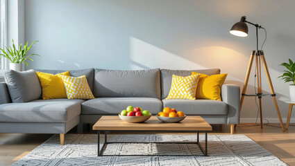 Modern Living Room with Gray Sectional Sofa, Yellow Accents, and Natural Light Decor