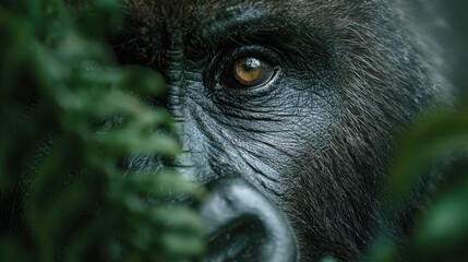 A mountain gorilla peers through the lush foliage, showcasing its expressive brown eye. The thick greenery surrounds the majestic creature in a serene setting at dusk.
