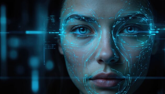 Close-up portrait of woman with futuristic cybernetic face scanning graphics. Blue digital circuits overlay features, suggesting advanced AI, facial recognition technology in high-tech, science