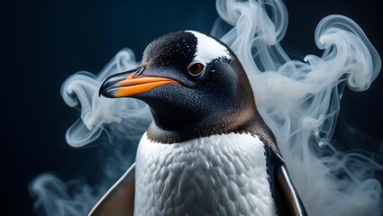 Dramatic Portrait of a Penguin Surrounded by Smoke