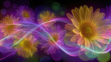 Radiant flowers with luminous trails.