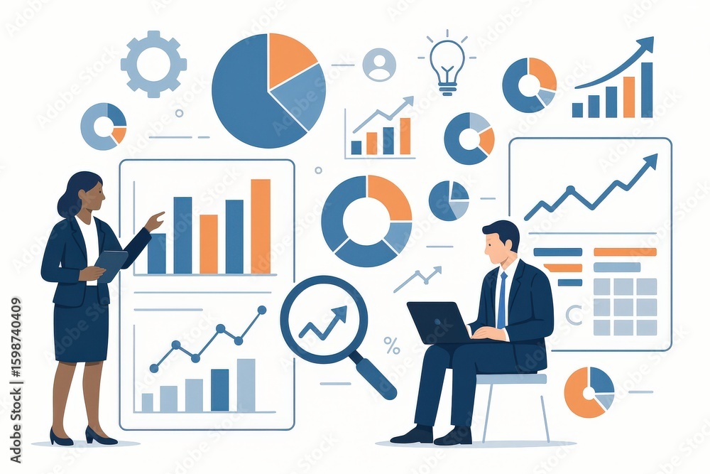 Poster business professionals analyzing data trends on digital dashboards while discussing strategies and i