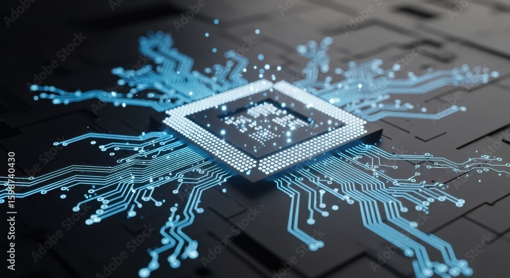 Poster innovative microprocessor closeup with illuminated connections on technological platform.
