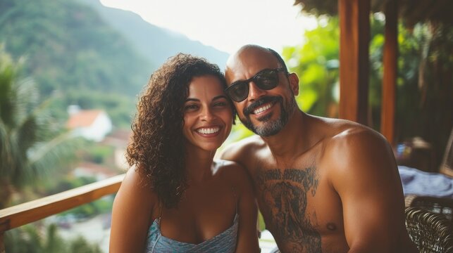 smiling couple enjoying sunny day on wooden balcony with lush greenery and mountains in background. tropical retreat, vacation happiness, leisure time. travel and tourism advertisement.