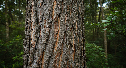 Obraz premium Close-up of an araucaria tree trunk with its textured bark, surrounded by dense native forest
