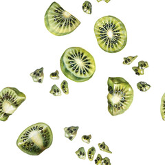 Watercolor seamless pattern with pieces of juicy kiwi with green pulp and seeds on a white background for the design of juices, jams, preserves, drinks, food, children's goods, kitchen textiles.