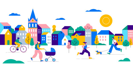 Naklejka na ściany i meble Colorful Urban Public Space. People Walking, Jogging, and Cycling in a City Square.