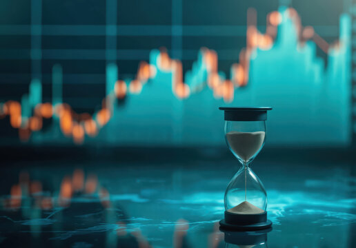 Hourglass on reflective surface near blurred financial charts in soft blue light. Concept of time management in business, planning, strategy, financial growth. Productivity, urgency, success.