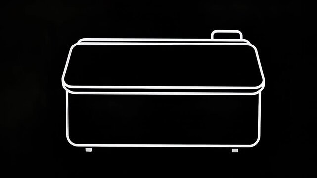 Simple casket outline in white lines over black background. Casket rendering showing minimalist design with handles, hinges, and smooth finish, casket for remembrance.