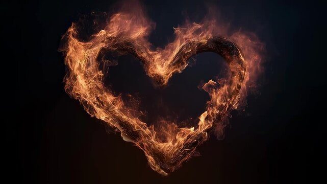 An intricately detailed heart silhouette made of flickering fire showcasing dynamic flames that dance and intertwine casting flickering shadows and creating a striking contrast with