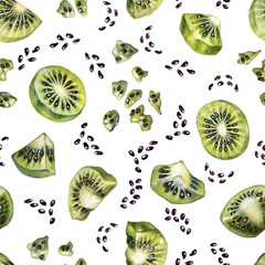 Watercolor seamless pattern with pieces of juicy kiwi with green pulp and seeds on a white background for the design of juices, jams, preserves, drinks, food, children's goods, kitchen textiles.