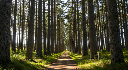 Araucaria trees forming a natural corridor along a dirt trail in a rural conservation area.