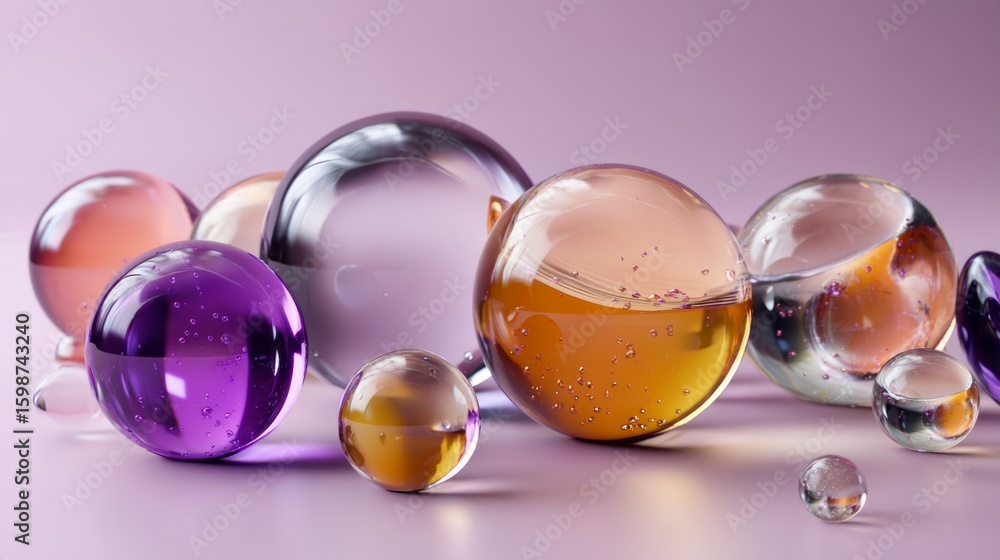 Poster multiple colorful transparent spheres of varying sizes are creating an abstract composition on a pur