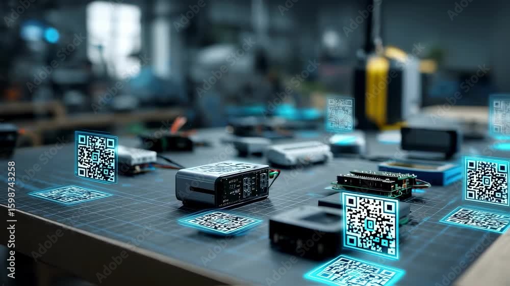 Poster holographic qr codes floating above electronic components on a table in a modern factory setting, re