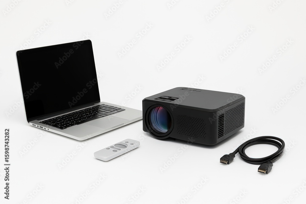 Poster high-tech projector and laptop ready for multimedia presentations showcasing sleek design elements a