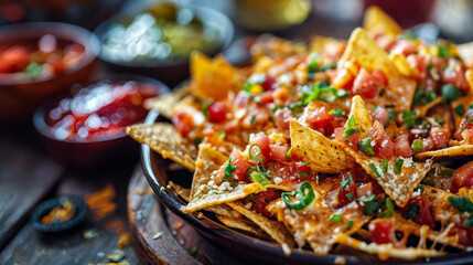 Gourmet Nachos on Rustic Wooden Board with Toppings