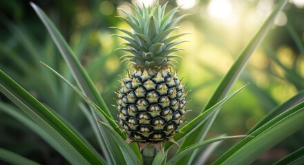 Fototapeta premium Closeup of a beautiful vibrant pineapple growing in tropical climate with lush leaves and greenery on a sunny day