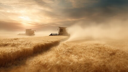 Fototapeta premium Agricultural machinery harvesting golden wheat field, generating dust clouds against golden sunset backdrop, highlighting mechanized farming landscape