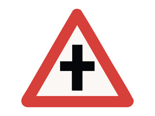 Fototapeta premium Crossroads traffic warning sign with black cross symbol in red triangle isolated on white background, graphic illustration. Concept of intersection, road safety, design element