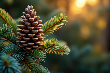 Close-Up of a Pine Cone on a Branch with Green Needles and a Blurred Background Outdoors
