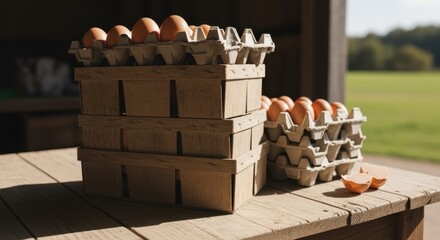 Rustic wooden egg crates stacked in natural light on farmstead table