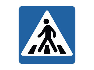 Blue and white pedestrian crossing traffic sign with black silhouette of walking person. concept of traffic, safety, road sign, pedestrian, caution, icon, instructional design