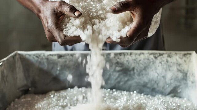 Inside factory or warehouse, worker carefully pours translucent, clear plastic pellets from large bag into sizable container as part of recycling process. Environmental sustainability by repurposing