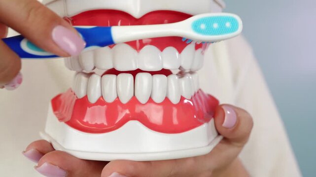 Demonstration of effective methods of brushing teeth of the upper jaw on a dental model