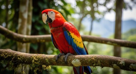 Vibrant parrot perched on branch in lush forest (1)