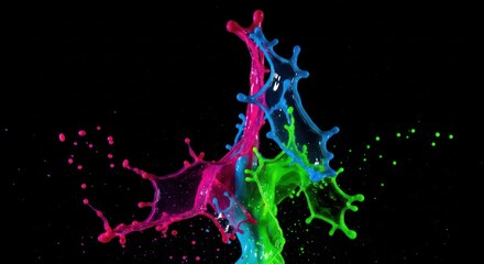 Vibrant multicolored paint splashes against a black backdrop