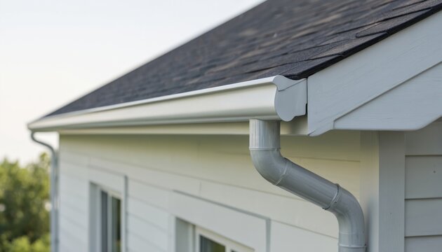 Close-up of seamless aluminum rain gutter on white house with dark roof. Sleek design efficiently manages water drainage. Material is durable, modern building component.