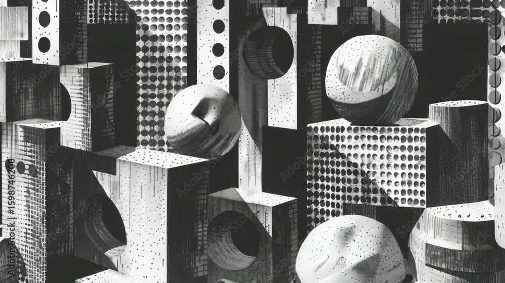 Poster a collection of cubic shapes stacked on top of each other in a monochromatic image