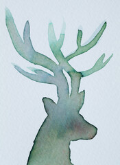 Watercolor illustration of a deer with antlers in soft green hues on a light background
