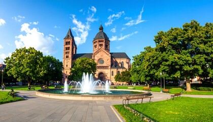 Grand church with fountain in park