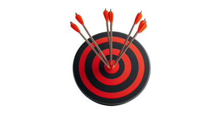 Multiple arrows have successfully hit the center bullseye of a red and black circular target