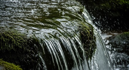 Water cascading over mossy stones