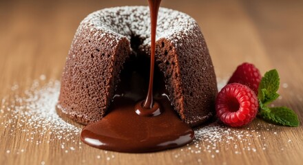Warm, molten chocolate cake with raspberries