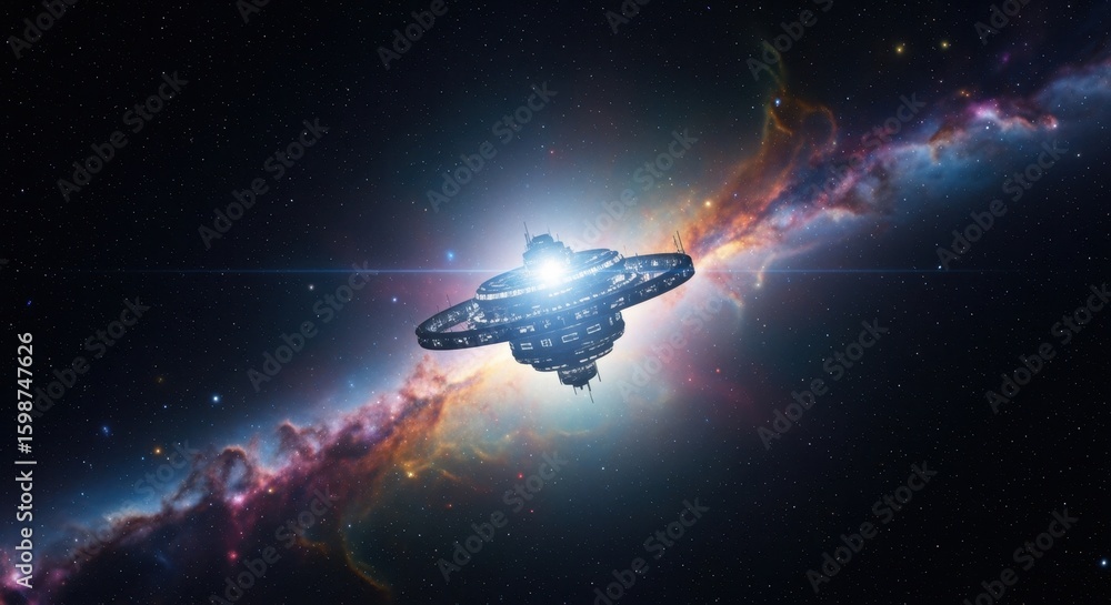 Poster nighttime scene of a glowing orbital base surrounded by multicolored interstellar gas and dust.