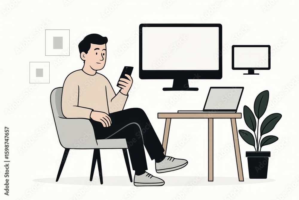 Poster young man relaxing in modern workspace using smartphone while seated in stylish chair with laptop ne